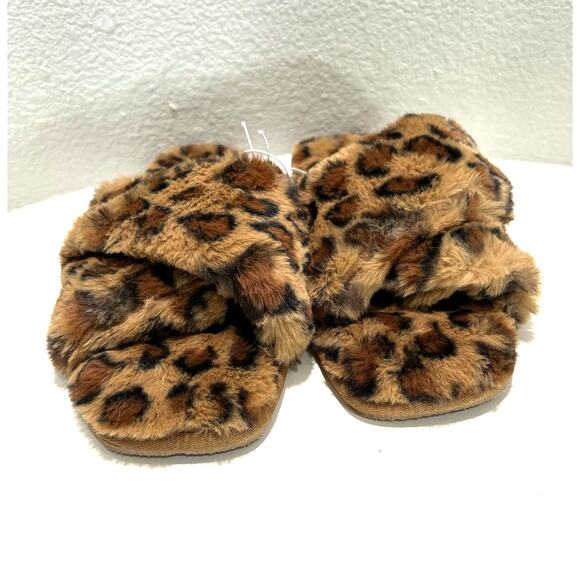 BP Slippers NEW $29 Faux Fur Animal Print Cross Band Open Toe - Picture 2 of 8